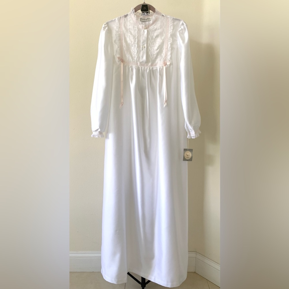 Vintage Christian Dior Long White Nightgown with Lace Bib Size Small